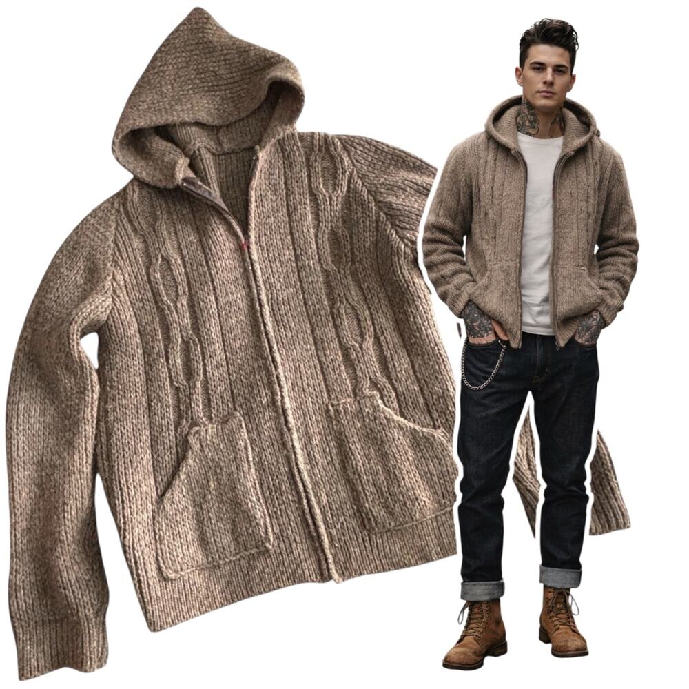 Chamula, Mexico Wool Hooded Sweater Cardigan Full Zip Gray Fisherman Size Medium